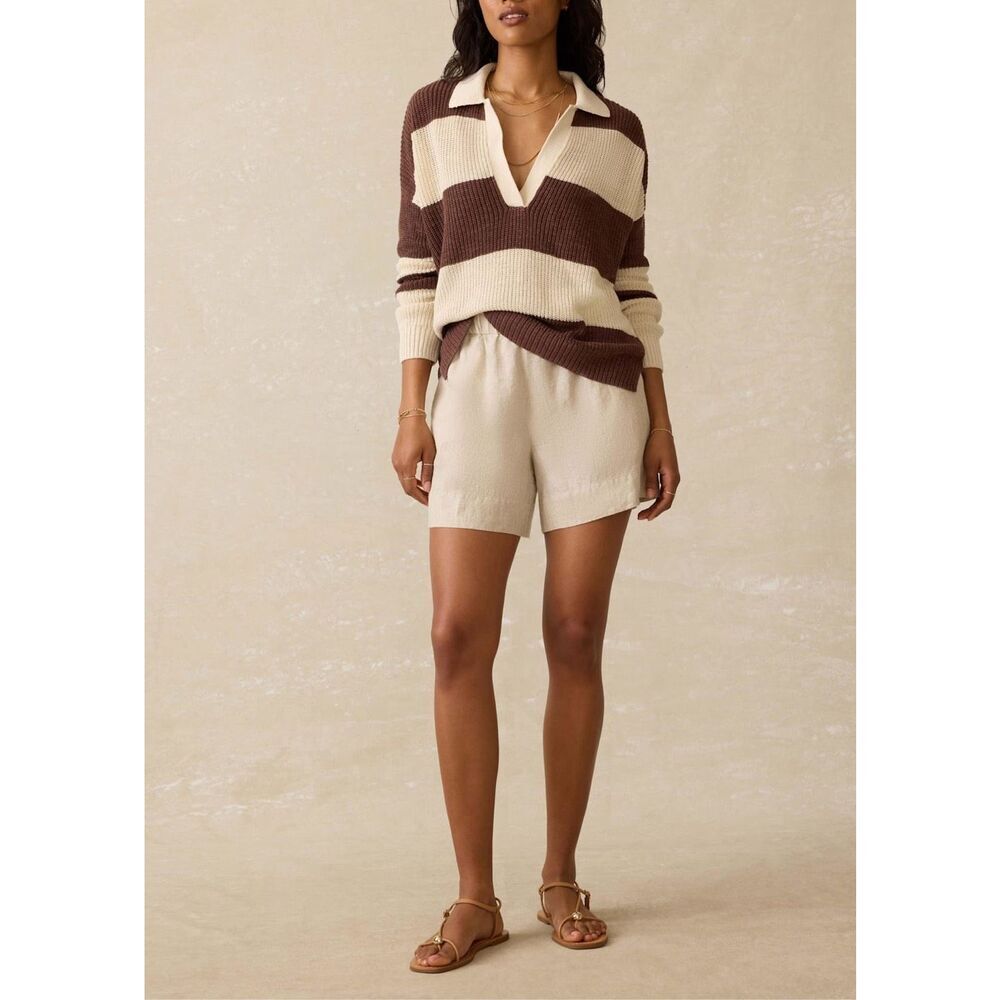 Faherty Miramar Linen Polo Sweater in Cocoa Rugby Stripe Cream, Brown Size L - Picture 12 of 12